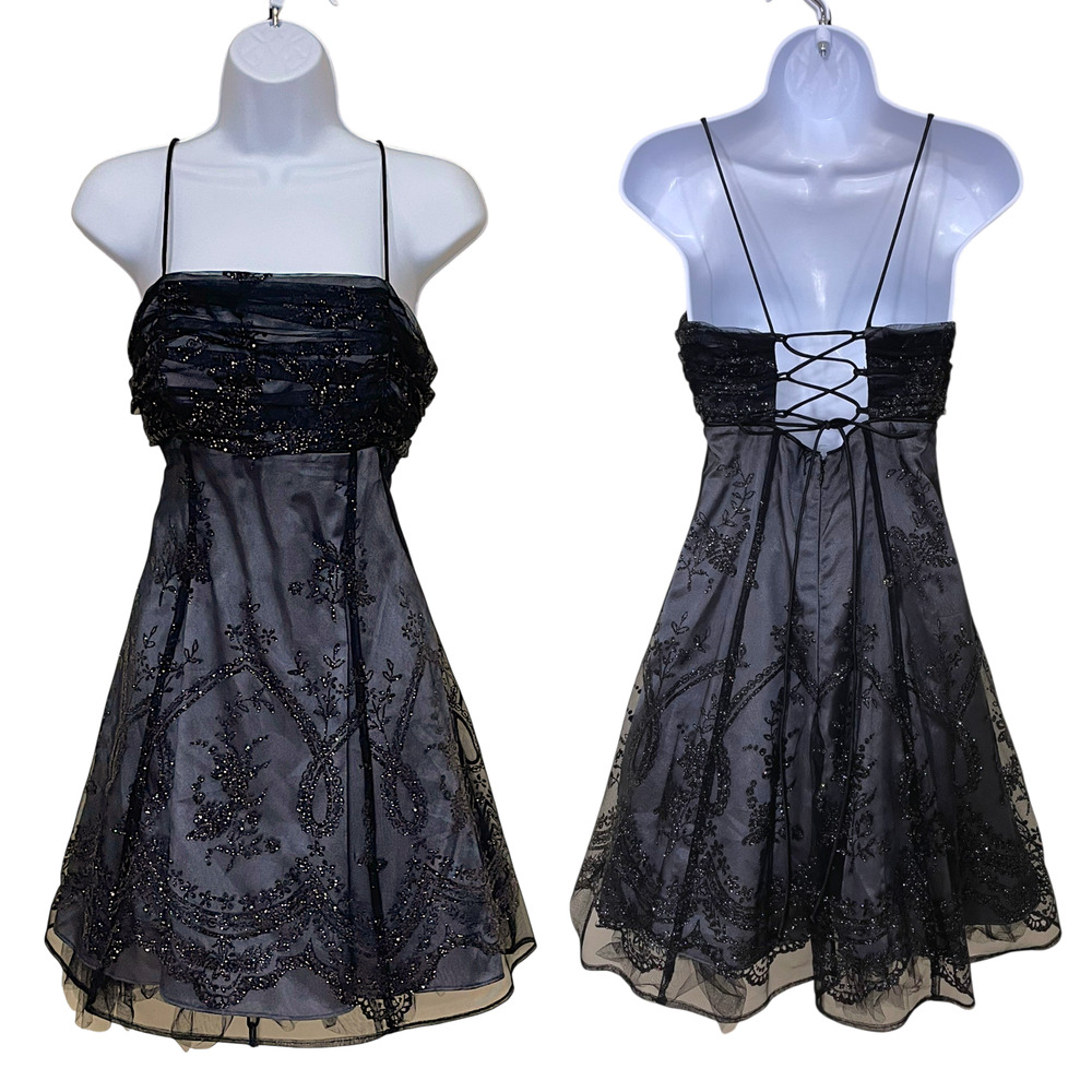 Y2K Mini Dress Sz 9/10 Babydoll Black Glitter Goth Fairy Whimsigoth Corset Vamp